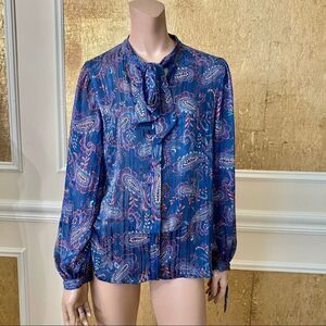 MANGO suit blue print tie front chiffon blouse M
